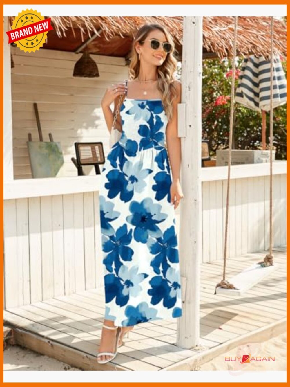 Women's Smocked Spaghetti Strap Maxi Dress A-Line Flowy Long Sundress with - Picture 4 of 7
